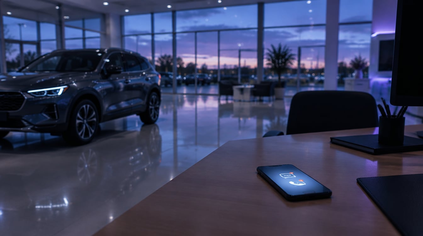 An empty dealership showroom after hours, with a missed call and an unread message alert on a phone left on a salesperson’s desk