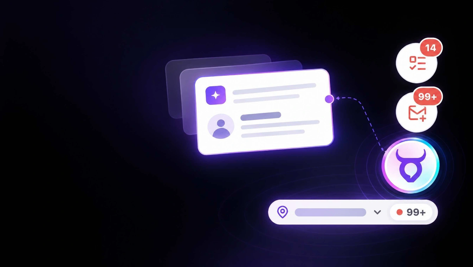 The Extension&rsquo;s customer information card open, beside a live task counter at 14, an unread counter at 99+, the Matador mark, and an organization switcher carrying its own unread count