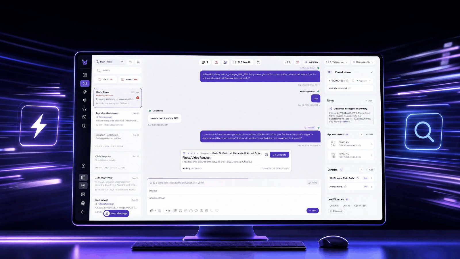 The redesigned Conversation Page on a desktop: the conversation list on the left, the thread with its task card in the middle, and the customer&rsquo;s details, notes, appointments and vehicles on the right