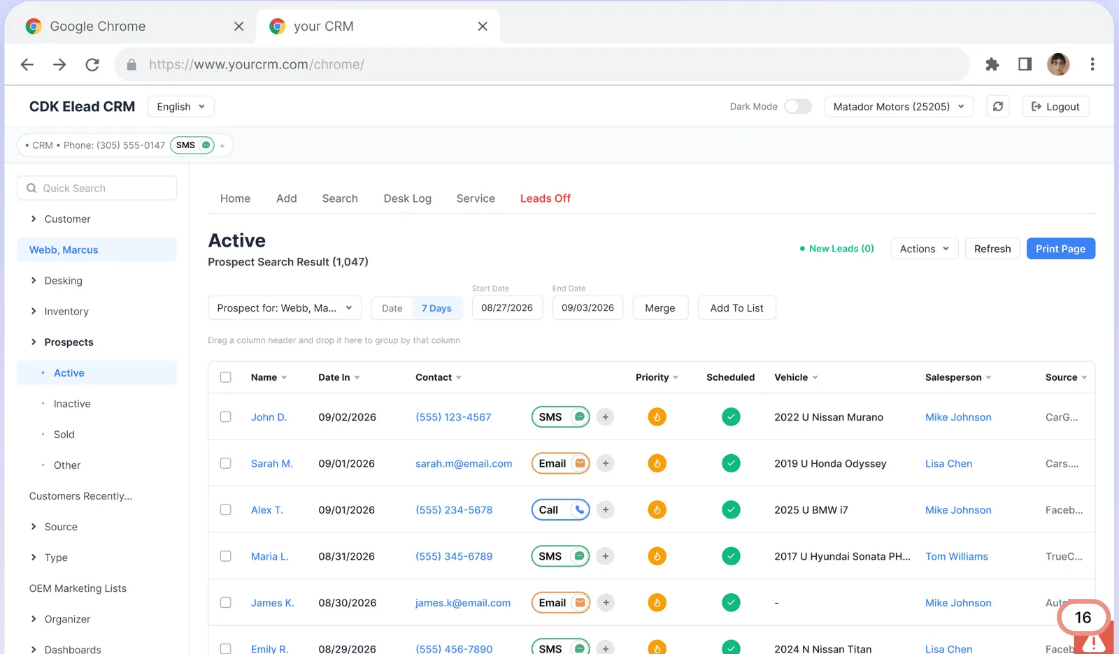 A CRM prospect list in a browser where each customer row carries an SMS, Email or Call button added by the Matador extension
